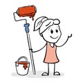 Smiling stick woman is painter. Drawing of cartoon stick figure conceptual illustration of young girl holding roller with paint. Royalty Free Stock Photo