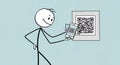 Smiling Stickman Scans Gray Framed QR Code on Light Blue Wall Royalty Free Stock Photo