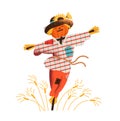 Smiling straw scarecrow dressed in old clothes and hat standing on field with growing crops. Cute happy bird scarer in