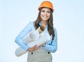 Smiling student arhitect holding paper blueprints. Royalty Free Stock Photo