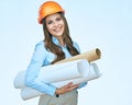 Smiling student arhitect holding paper blueprints. Royalty Free Stock Photo