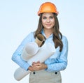 Smiling student arhitect holding paper blueprints. Royalty Free Stock Photo