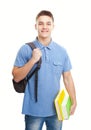 Smiling student with books and backpack isolated on white