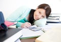 Smiling student doing her homework on a desk Royalty Free Stock Photo