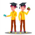 Smiling Student In Graduation Cap With A Credit Card And Wallet In Hand Vector. Isolated Illustration