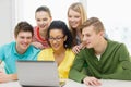 Smiling students looking at laptop at school