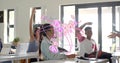 Smiling students sitting at campus study space, raising hands, using laptops and pink AR overlay Royalty Free Stock Photo