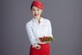 smiling stylish asian female flight attendant against grey Royalty Free Stock Photo