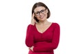 Smiling successful confident middle-aged woman in glasses looking at camera on white background, isolated Royalty Free Stock Photo