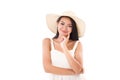 Smiling summer lady looking at you, white background Royalty Free Stock Photo
