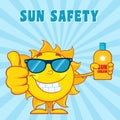 Smiling Summer Sun Cartoon Mascot Character Holding A Bottle Of Sun Block Cream Royalty Free Stock Photo