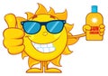 Smiling Summer Sun Cartoon Mascot Character Holding A Bottle Of Sun Block Cream Showing Thumb Up.