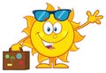 Smiling Summer Sun Cartoon Mascot Character With Sunglasses Carrying Luggage And Waving. Royalty Free Stock Photo