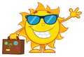 Smiling Summer Sun Cartoon Mascot Character With Sunglasses Carrying Luggage And Waving. Royalty Free Stock Photo