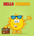 Smiling Summer Sun Cartoon Mascot Character With Sunglasses Carrying Luggage And Waving. Royalty Free Stock Photo