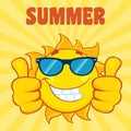 Smiling Sun Cartoon Mascot Character With Sunglasses Giving A Double Thumbs Up. Royalty Free Stock Photo