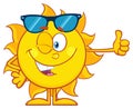 Smiling Sun Cartoon Mascot Character With Sunglasses Giving The Thumbs Up. Royalty Free Stock Photo