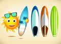 Smiling Sun Character Holding Sets of Surfboards Royalty Free Stock Photo