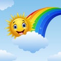 Smiling sun character near the rainbow and clouds