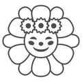 Smiling sun in daisies wreath thin line icon, weather concept, sunflower in diadem vector sign on white background