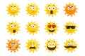 Smiling sun emoticons. Vector cartoon smile set Royalty Free Stock Photo