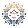 Smiling Sun Face with Rays and Decorative Elements, Floral, Bohemian Style Vector Illustration Royalty Free Stock Photo