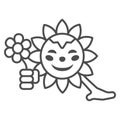 Smiling sun give flower thin line icon, weather and climate concept, sunshine with daisy vector sign on white background Royalty Free Stock Photo