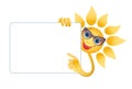A smiling sun holds advertising