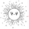 Kawaii Smiling Sun with Sparkles. Ornamental Doodle Mandala Outline coloring page.