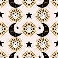 Smiling sun and moon, in a geometric pattern design