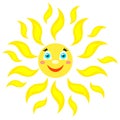 Smiling sun with rays of different shapes. Icon on a white background. Vector image in a cartoon style