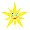 Smiling sun with rays of different shapes. Icon on a white background. Vector image in a cartoon style