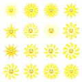 Smiling sun with rays of different shapes. Set of 16 icons on a white background. Vector image in a cartoon style Royalty Free Stock Photo