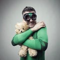 Smiling superhero cuddling a teddy bear Royalty Free Stock Photo