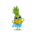 Flat cartoon smiling superhero pineapple standing with arms akimbo in blue mask and cape