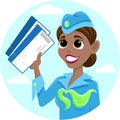 Smiling swarthy stewardess with tickets in hand