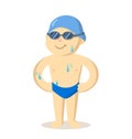 Smiling swimmer in a bathing suit, swimming cap, and goggles. Flat vector illustration, isolated on white background.