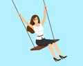 Smiling swinging beautiful woman. Happy successful businesswoman relaxing and playing on swing. Female business success