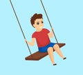 Smiling swinging boy. Happy cute little male kid play swing. Vector illustration