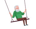 Smiling swinging grandfather. Happy elderly male relaxing and riding on swing. Senior man have fun on children seesaw
