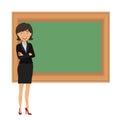 Smiling teacher over green blackboard on white, stock vector illustration