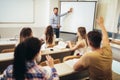 Teacher standing in front of students and showing something on white board in classroom Royalty Free Stock Photo