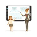 Smiling teacher woman teaching girl with an interactive board, informatics lesson at school vector Illustration