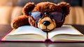 Smiling teddy bear with glasses reading a book Royalty Free Stock Photo