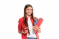 smiling teen girl with notebook. back to school. child with apple ready to study.