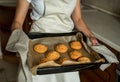 Smiling teen girl taking cookies out of the oven in the kitchen.Homemade cakes, cookies and gingerbread cookies. sweet breakfast Royalty Free Stock Photo