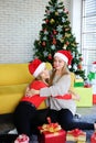 Smiling of Teenage. Caucasian couple girls friends hugging and happy together in Christmas and newyear party. Life style of Royalty Free Stock Photo