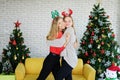 Smiling of Teenage. Caucasian couple girls friends hugging and happy together in Christmas and newyear party. Life style of Royalty Free Stock Photo