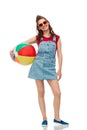 Smiling teenage girl in sunglasses with beach ball Royalty Free Stock Photo