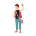 Smiling teenage student waving hand. Happy pupil with schoolbag. Portrait of cute boy or schoolchild. Flat vector Royalty Free Stock Photo